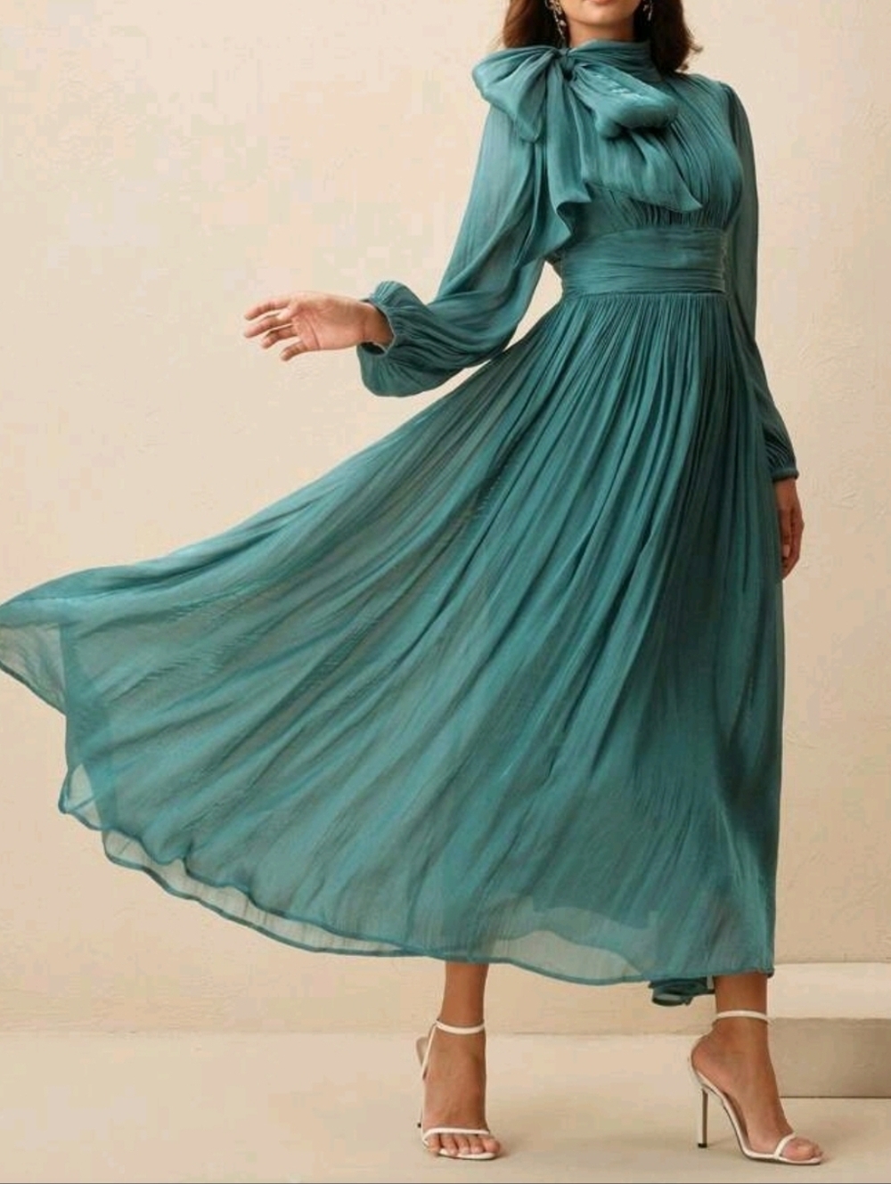 New Luxe Metallic Crinkle Bow Tie Neck Ruched Flare Long Dress Teal Blue Green